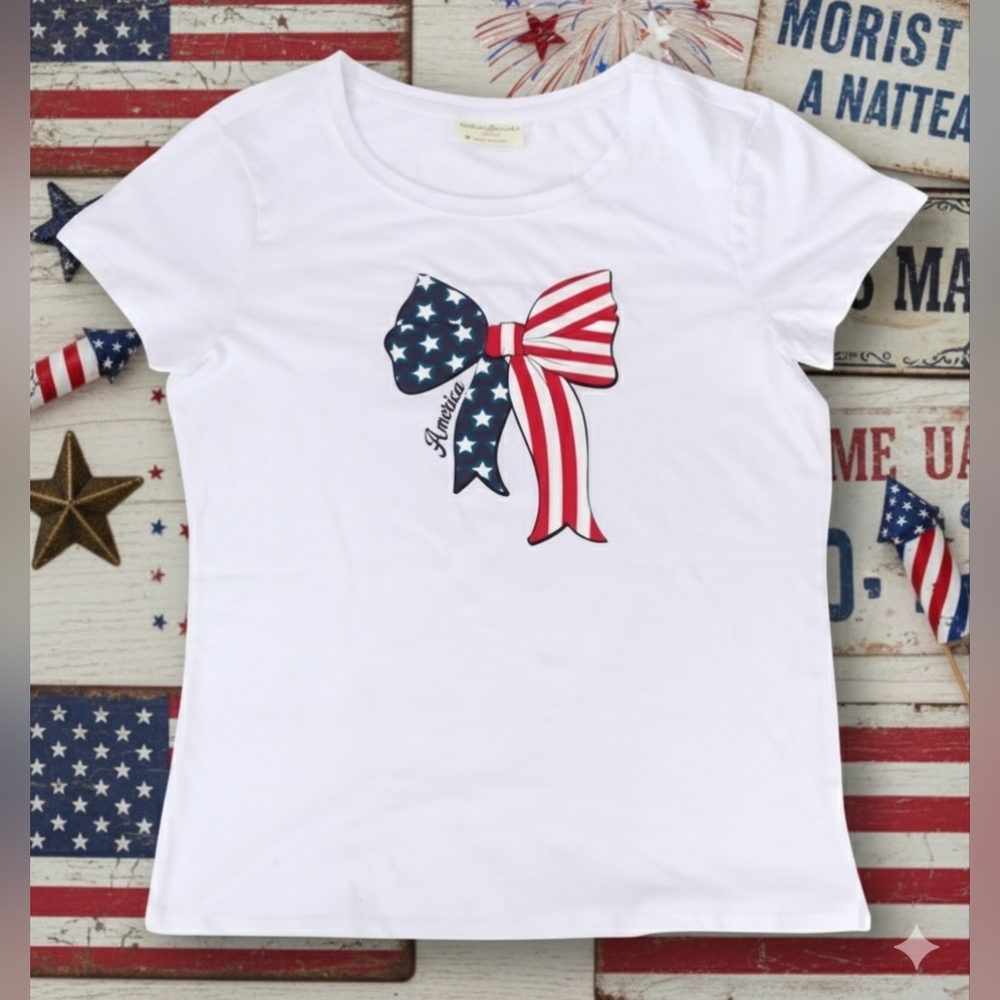 Patriotic America Coquette Bow Graphic T-Shirt Size Large